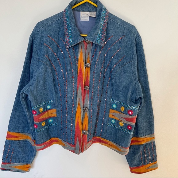 Bleu Bayou Jackets & Blazers - Bleu Bayou, Women’s Denim Jacket With Mirrors And Embroidered Details. Size: L.